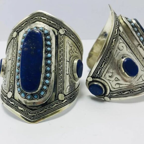 Single Vintage Afghan Cuff Bracelet: Lapis, Turquoise, Sterling Silver Tribal - Picture 8 of 12
